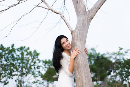 Asian woman and A bare tree with branches in corn field in evening light.