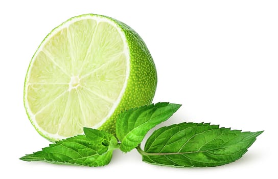 Half lime and sprig of mint isolated on white background