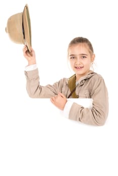 Young girl with safari costume isolated in white