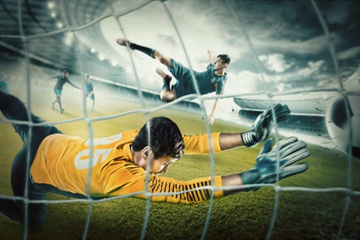 Goalkeeper in gates jumping to catching ball and players in action at stadium. Collage. Advertising concept of soccer football