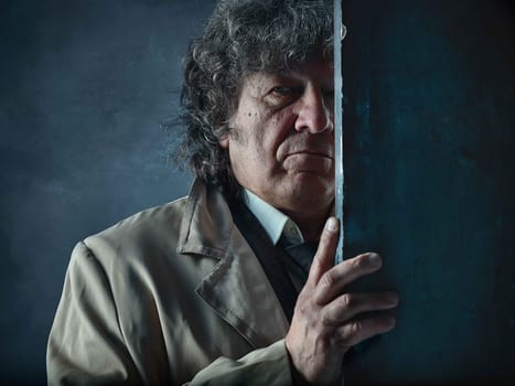 The senior man in cloak as detective or mafia boss. Studio shot on gray in retro stile