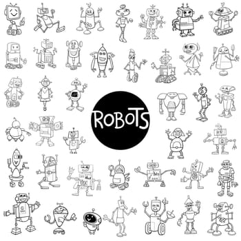 Black and White Cartoon Illustration of Robots Fantasy Characters Huge Set
