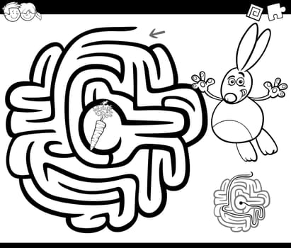 Black and White Cartoon Illustration of Education Maze or Labyrinth Game for Children with Rabbit and Carrot Coloring Page