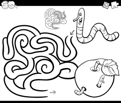 Black and White Cartoon Illustration of Education Maze or Labyrinth Game for Children with Worm and Apple Coloring Page