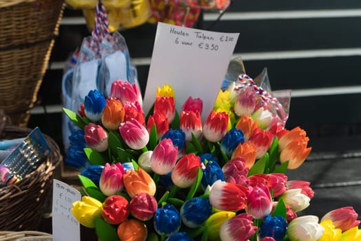 MARKEN, NETHERLANDS - AUGUST 27, 2016: Colorful wooden tulips in a souvenir shop in the netherlands