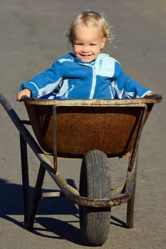 Smiling little child is sitting in the wheelbarrow.