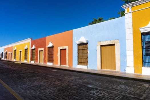 Row of historic colonial buildings in the center of Campeche, Mexico