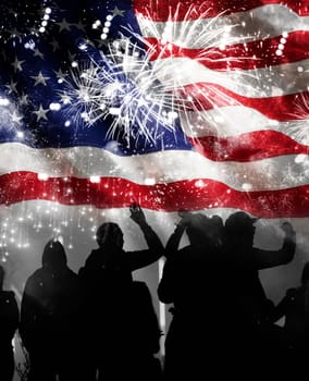 Crowd of people celebrating Independence Day. United States of America USA flag with fireworks background for 4th of July