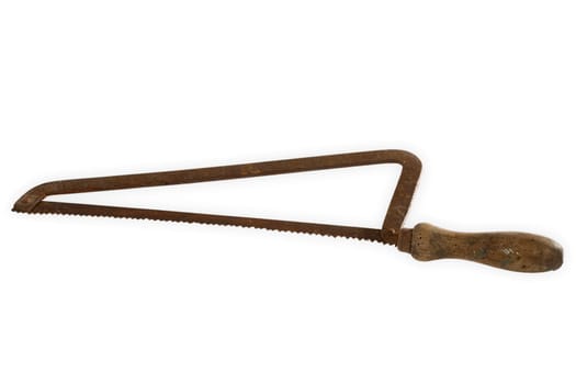 Old rusted hand saw exposed on white background