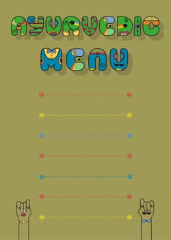 Ayurvedic Menu Card. Blue and Green Text by Artstic font. Place for custom text. Gray Background. Male and Female cartoon hands looking at each other