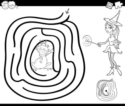 Black and White Cartoon Illustration of Education Maze or Labyrinth Game for Children with Witch and Prince Frog Coloring Page