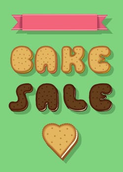 Bake Sale. Text by Sweet Cookies Font. Yellow and Brown Letters and Heart. Pink banner for custom text.