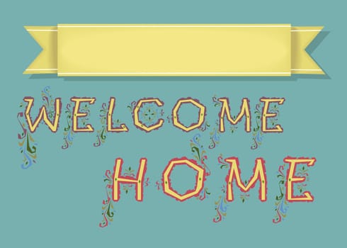 Welcome. Blue Card with Yellow Banner for custom text. Yellow Letters with floral decor