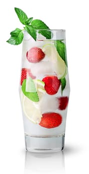 Lime strawberry lemonade with mint sprig isolated on white background