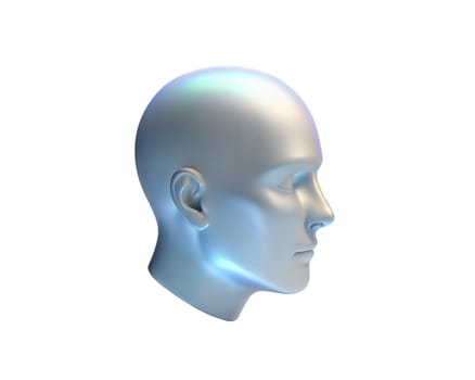 A holographic 3D representation of a human face in profile, isolated on white background, showcasing modern, abstract design elements. Ideal for concepts related to technology, AI, and human expression.