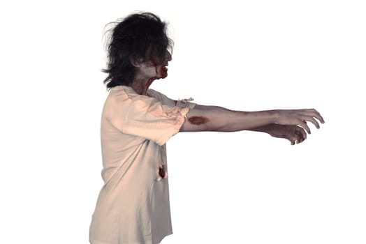 Scary asian male zombie isolated over white background