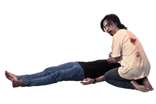 Scary asian male zombie eating corpse isolated over white background