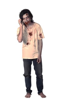 Scary male zombie talk via cellphone isolated over white background