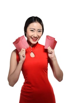 Asian woman in cheongsam dress isolated over white background. Happy chinese new year concept