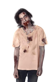 Scary asian male zombie isolated over white background