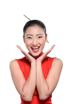 Chinese girl in cheongsam dress. Happy chinese new year concept