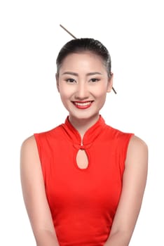 Chinese woman in red cheongsam dress. Happy chinese new year concept