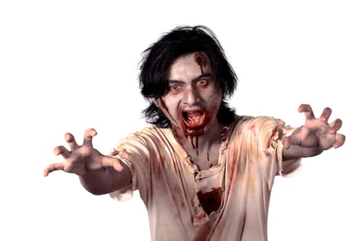 Scary asian male zombie isolated over white background