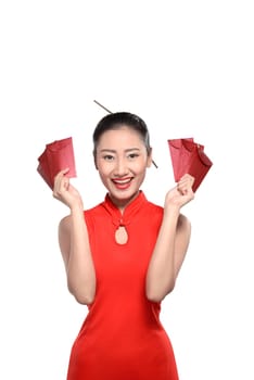 Chinese woman in red cheongsam dress. Happy chinese new year concept