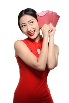Asian woman in cheongsam dress isolated over white background. Happy chinese new year concept
