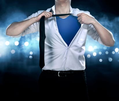 Business man open shirt like superhero try saving the day