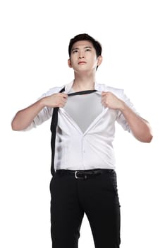 Asian man open his shirt, isolated over white background. You can put your design on the shirt