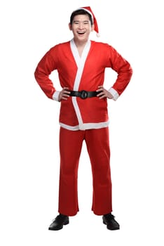 Asian man in santa claus costume isolated over white background
