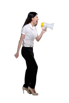 Asian woman holding megaphone isolated over white background