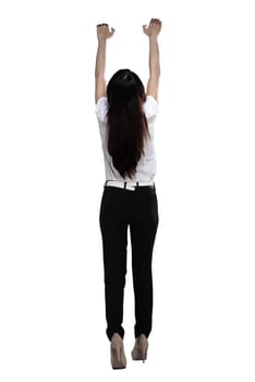 Asian business woman hanging on something isolated over white background