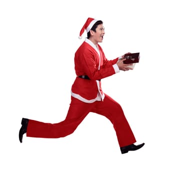 Running asian santa claus isolated on white background