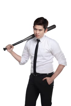 Young business man holding baseball bat isolated over white background