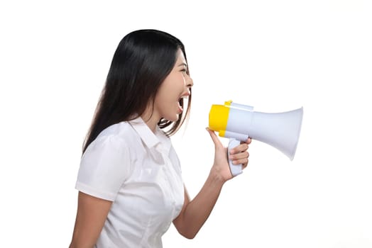 Asian woman holding megaphone isolated over white background