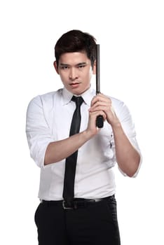 Portrait of srcret agent holding a gun isolated over a white background