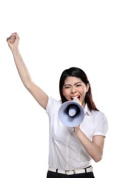 Asian woman holding megaphone isolated over white background