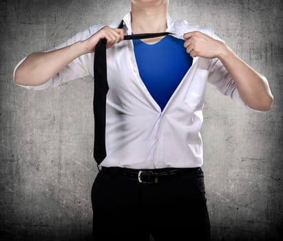 Business man open shirt like superhero try saving the day