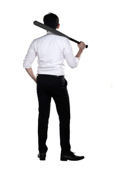 Young business man holding baseball bat isolated over white background