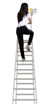 Asian woman holding megaphone on the ladder isolated over white background