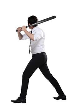 Young business man holding baseball bat isolated over white background