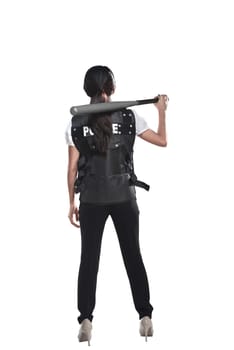 Police woman hold baseball bat isolated over white background