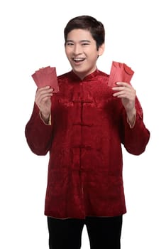 Chinese man in cheongsam suit holding angpao. Chinese new year concept