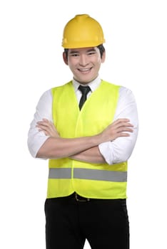 Asian worker wearing safety vest and yellow helmet isolated over white background