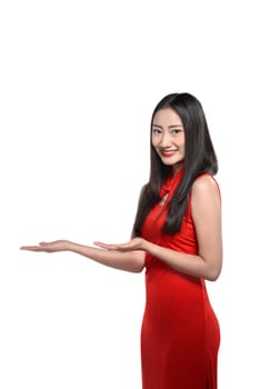 Chinese woman in red cheongsam dress. Happy chinese new year concept