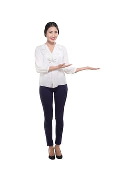 Confident chinese business woman show something isolated over white background