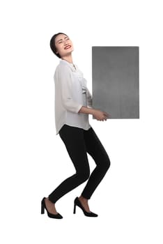 Asian business woman lift heavy box isolated over white background