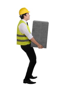 Asian business man lift heavy box isolated over white background